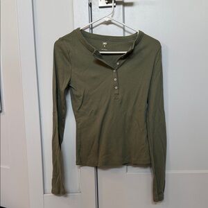 SO Olive Green Long Sleeve Button Henley Top